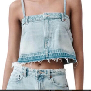 ZARA Womens TRF DENIM SKIRT EFFECT CROP JEAN TOP‎ Sz XS